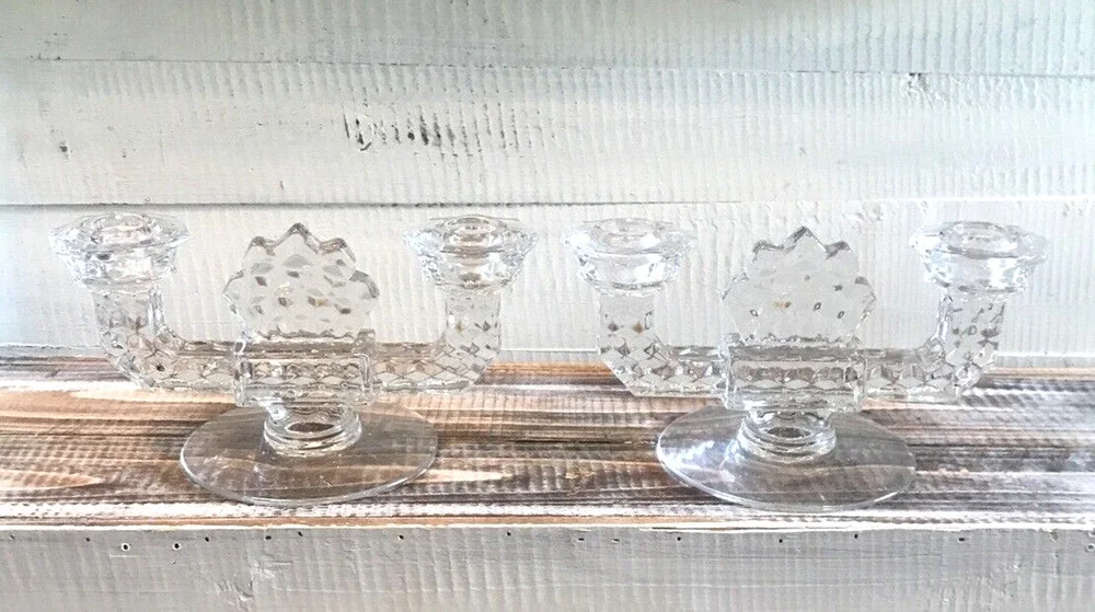 Set 2 Vintage Fostoria Elegant Glass Double Candlesticks Candle Holders 8.625